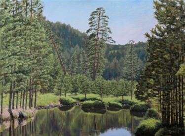 Malerei mit dem Titel "Pond Between Pines" von Dejan Trajkovic, Original-Kunstwerk, Öl