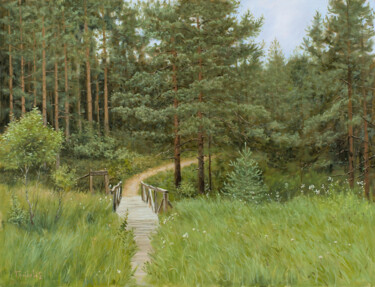 Malerei mit dem Titel "Bridge in the Woods" von Dejan Trajkovic, Original-Kunstwerk, Öl