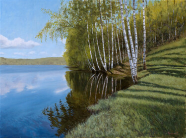 Painting titled "Vlasina Birches" by Dejan Trajkovic, Original Artwork, Oil Mounted on Wood Stretcher frame
