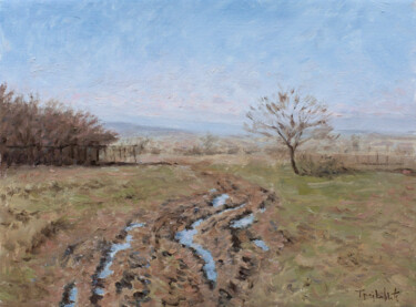 Painting titled "Muddy Road" by Dejan Trajkovic, Original Artwork, Oil Mounted on Wood Stretcher frame