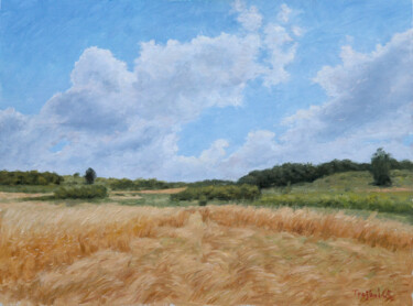 Painting titled "The Wheat Fell" by Dejan Trajkovic, Original Artwork, Oil Mounted on Cardboard