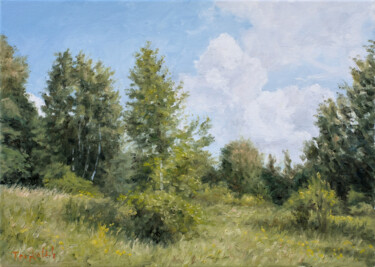 Painting titled "Grass, Birches and…" by Dejan Trajkovic, Original Artwork, Oil Mounted on Wood Stretcher frame