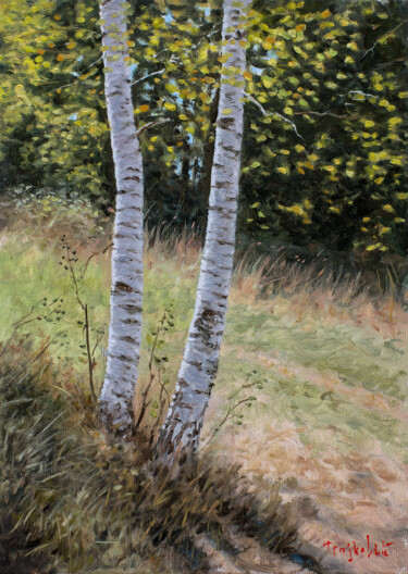 Schilderij getiteld "Two Birches" door Dejan Trajkovic, Origineel Kunstwerk, Olie Gemonteerd op Frame voor houten brancard