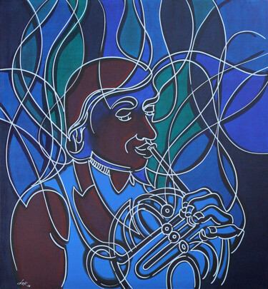 Painting titled "the-horn-player-130…" by Dek, Original Artwork, Acrylic Mounted on Other rigid panel