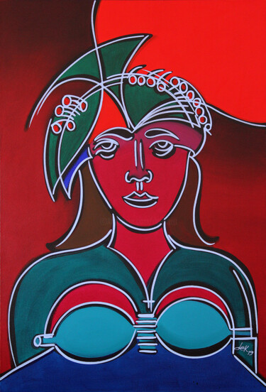 Painting titled "the-model-with-hat-…" by Dek, Original Artwork, Acrylic Mounted on Other rigid panel