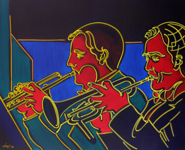 Painting titled "the two musicians 1…" by Dek, Original Artwork, Acrylic Mounted on Cardboard