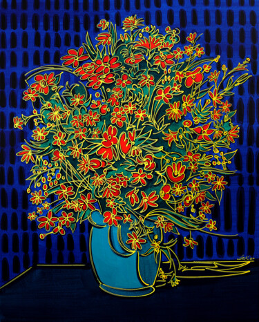 Painting titled "blue vase with red…" by Dek, Original Artwork, Acrylic Mounted on Cardboard