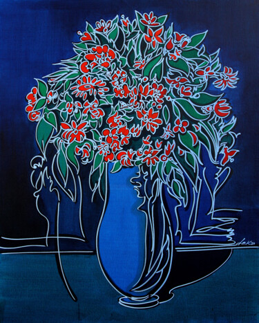Painting titled "blue vase with red…" by Dek, Original Artwork, Acrylic Mounted on Cardboard