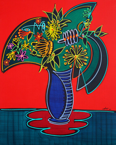 Картина под названием "vase on red backgro…" - Dek, Подлинное произведение искусства, Акрил Установлен на картон