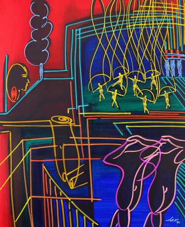 Peinture intitulée "figures on stage II" par Dek, Œuvre d'art originale, Acrylique Monté sur Autre panneau rigide