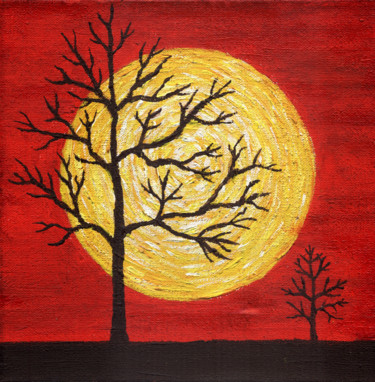 Painting titled "Red sky and yellow…" by Dmytro Rybin, Original Artwork, Acrylic