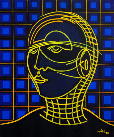 Painting titled "face X" by Dek, Original Artwork, Acrylic Mounted on Wood Stretcher frame