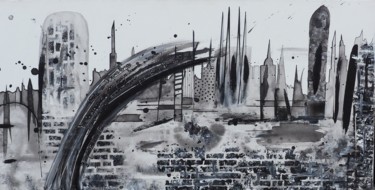 Painting titled "Barcelona" by Artedelph, Original Artwork, Ink Mounted on Wood Stretcher frame