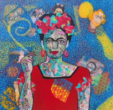 Картина под названием "Frida Kahlo, Icône…" - Artedelph, Подлинное произведение искусства, Масло Установлен на Деревянная ра…