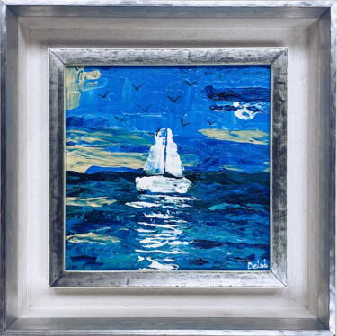 Painting titled "White sailboat" by Elena Dobkin, Original Artwork, Acrylic Mounted on Cardboard