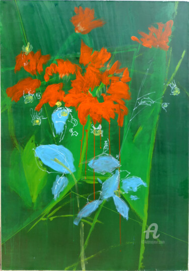 Painting titled "FLEUR 3" by Remi Delaplace, Original Artwork, Acrylic Mounted on Wood Stretcher frame