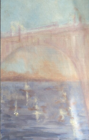 Pittura intitolato "Pont dans la brume…" da Christian Delavelle, Opera d'arte originale, Acrilico Montato su Telaio per bare…