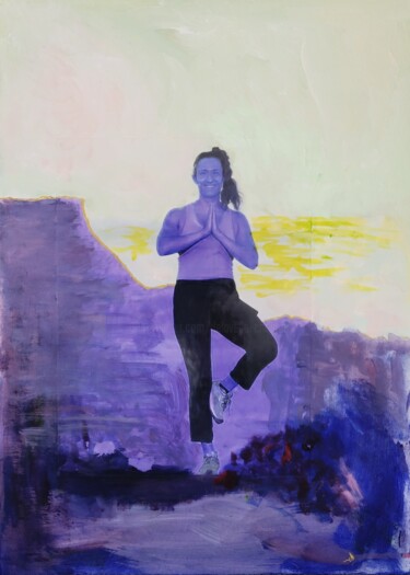 Painting titled "Yoga at Grand Canyon" by Christian Delavelle, Original Artwork, Acrylic Mounted on Cardboard