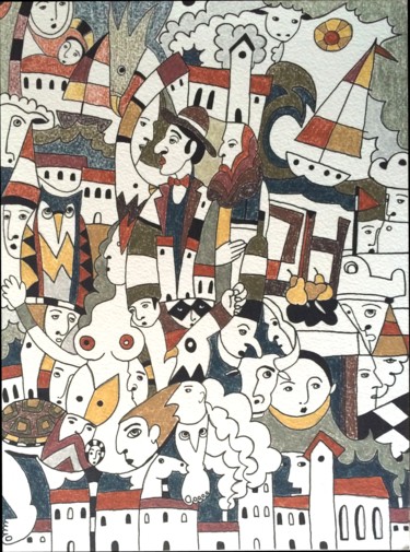 Dibujo titulada "City caos" por Juan Del Balso, Obra de arte original, Tinta