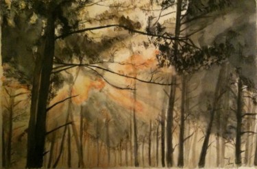 Painting titled "éclat dans les pins" by Sophie D., Original Artwork, Watercolor