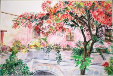 Peinture intitulée "patio flamboyant" par Sophie D., Œuvre d'art originale, Aquarelle