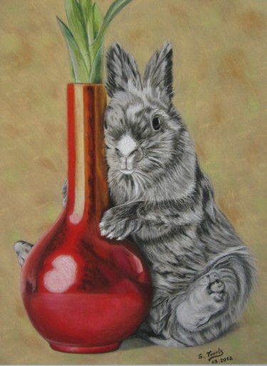 Painting titled "Mon petit lapin,…" by Delmicy (Sylvie Rault), Original Artwork, Pastel