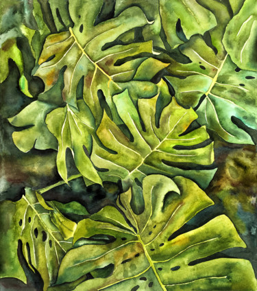 Картина под названием "Monstera leaves" - Delnara El, Подлинное произведение искусства, Акварель