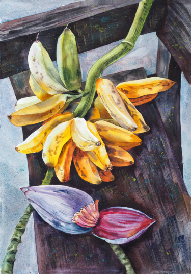 Картина под названием "Bananas on a wooden…" - Delnara El, Подлинное произведение искусства, Акварель