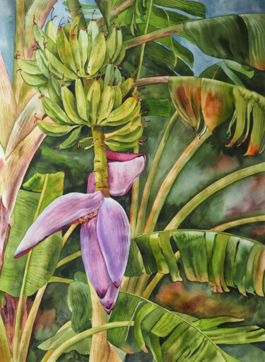 Painting titled "Banana palm" by Delnara El, Original Artwork, Watercolor