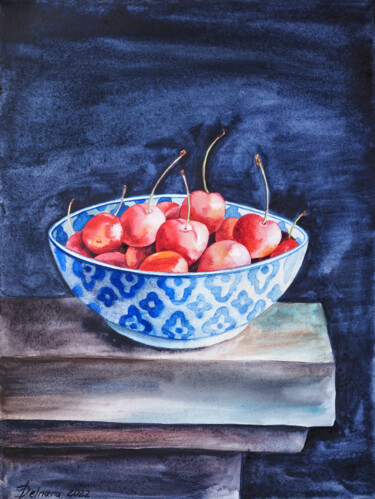 Peinture intitulée "Cherries in pattern…" par Delnara El, Œuvre d'art originale, Aquarelle