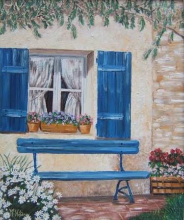 Peinture intitulée "le banc bleu" par Marie Hélène, Œuvre d'art originale