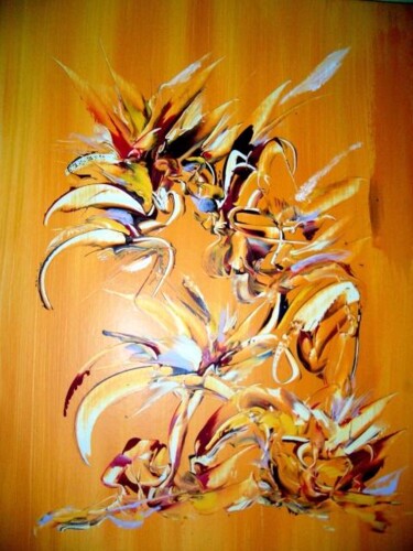Painting titled "fleurs jaunes,piqua…" by Delphine Bernard, Original Artwork, Oil