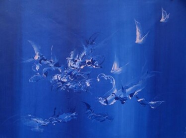 Painting titled "bleumeroiseaux" by Delphine Bernard, Original Artwork, Oil