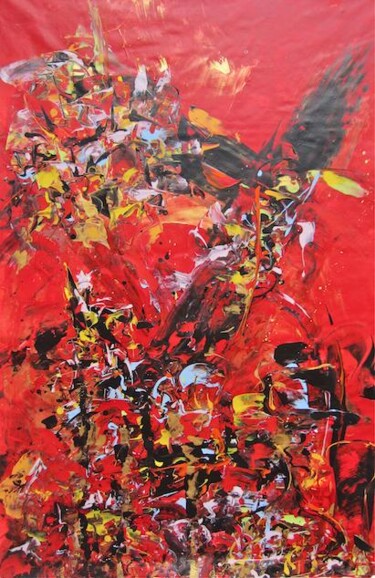 Schilderij getiteld "Red Tower" door Delphine Bernard, Origineel Kunstwerk, Acryl Gemonteerd op Frame voor houten brancard