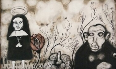Peinture intitulée "Darwin et les autres" par Delphine Cadoré, Œuvre d'art originale