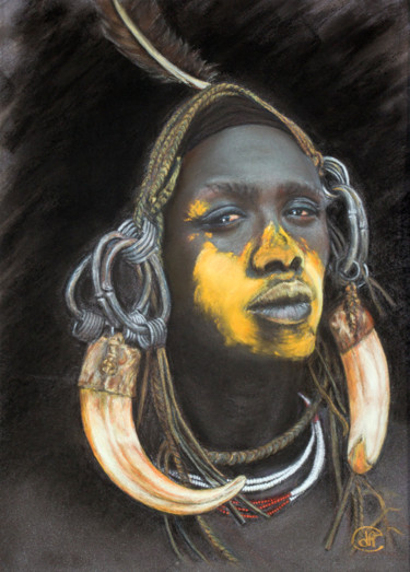 Painting titled "guerrier-mursi.jpg" by Delphine Caissial, Original Artwork, Pastel