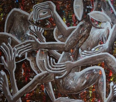 Painting titled "Charivari" by Delphine Dessein, Original Artwork, Acrylic Mounted on Wood Stretcher frame