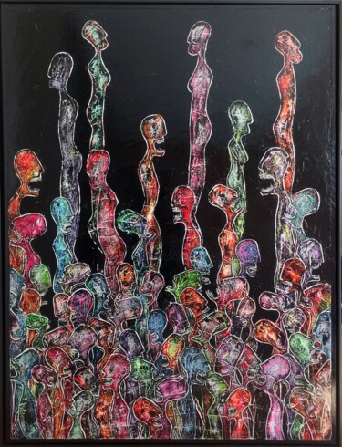 Peinture intitulée "Foule de Nématoïdes" par Delphine Dessein, Œuvre d'art originale, Acrylique Monté sur Panneau de bois