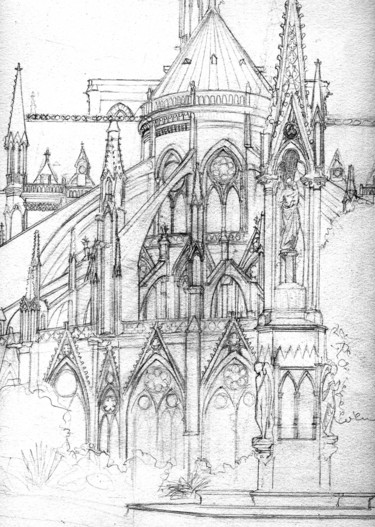 Dessin intitulée "Cathédrale Notre Da…" par Delphine Germain, Œuvre d'art originale, Crayon