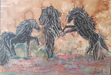 Drawing titled "Trio de chevaux sau…" by Delphine Gillet, Original Artwork, Acrylic