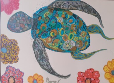 Drawing titled "Turtle flowers" by Delphine Gillet, Original Artwork, Acrylic