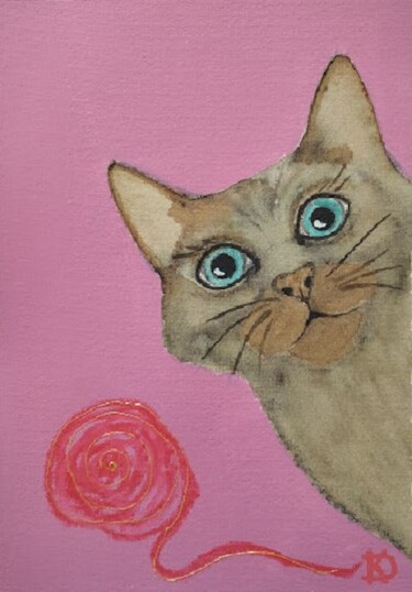 Peinture intitulée "Chat avec une pelot…" par Delphine Kammerlocher, Œuvre d'art originale, Acrylique