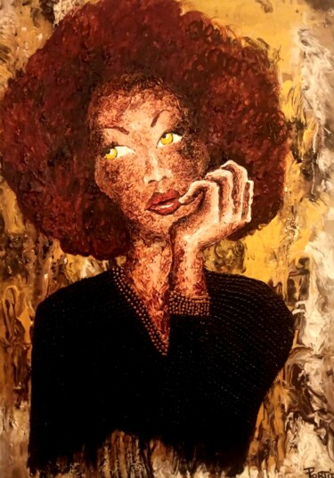 Malerei mit dem Titel "Femme au pull noir" von Delphine Portier, Original-Kunstwerk, Acryl