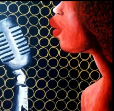 「Jazz au micro」というタイトルの絵画 Delphine Portierによって, オリジナルのアートワーク, アクリル ウッドストレッチャーフレームにマウント
