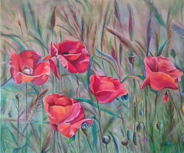 Painting titled "Jolis coquelicots" by Delphine Verret, Original Artwork, Oil Mounted on Wood Stretcher frame