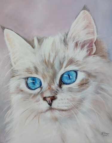 Painting titled "Chat blanc, yeux bl…" by Delphine Verret, Original Artwork, Oil Mounted on Wood Stretcher frame