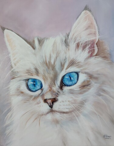 Malerei mit dem Titel "Chat blanc, yeux bl…" von Delphine Verret, Original-Kunstwerk, Öl Auf Keilrahmen aus Holz montiert