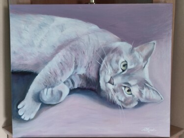 Schilderij getiteld "Chat mauve" door Delphine Verret, Origineel Kunstwerk, Olie