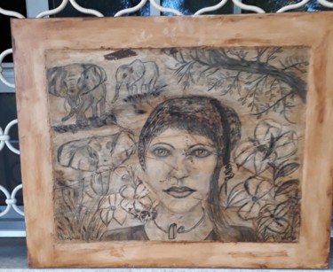 Desenho intitulada "la femme dans la sa…" por Delphine Grezes, Obras de arte originais, Lápis Montado em Armação em madeira