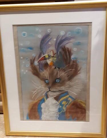 Drawing titled "chat botte" by Delphine Grezes, Original Artwork, Pastel Mounted on Glass
